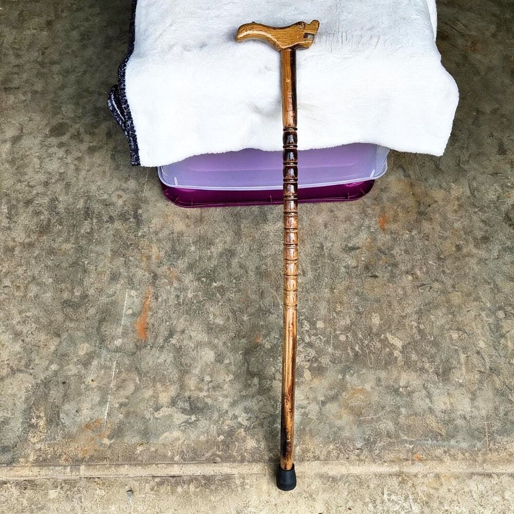 Vintage Hand Carved Wooden Whale Handle Walking Cane Marble Mouth 33.75”
